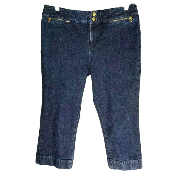 Lauren Ralph Lauren Denim - Ralph Lauren Jeans Co Women Cropped Jeans Sz 10 Dark Blue Gold Zipper Wide Hem